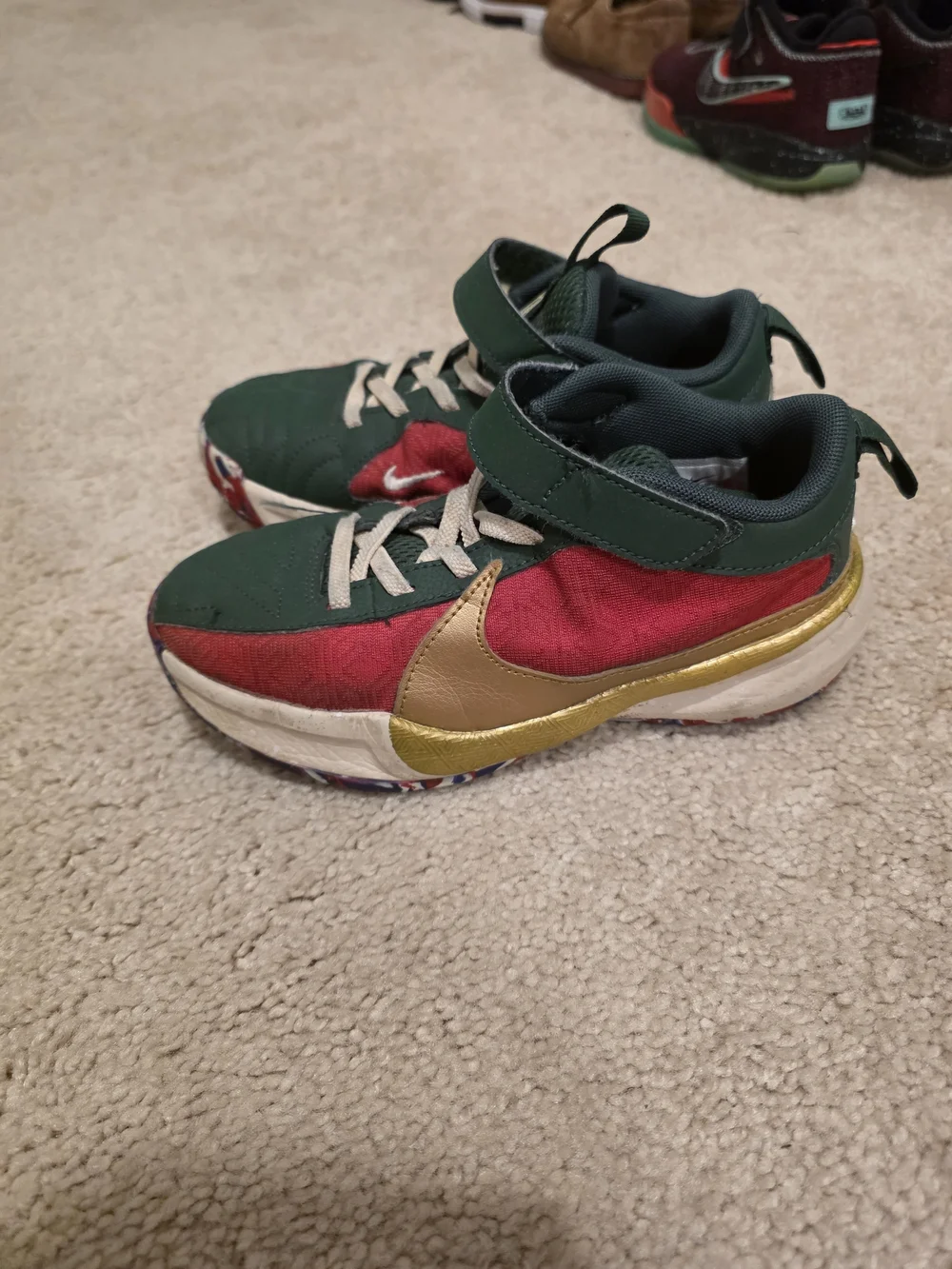 Nike Zoom Freak Green and Red Sneakers with Gold Swoosh